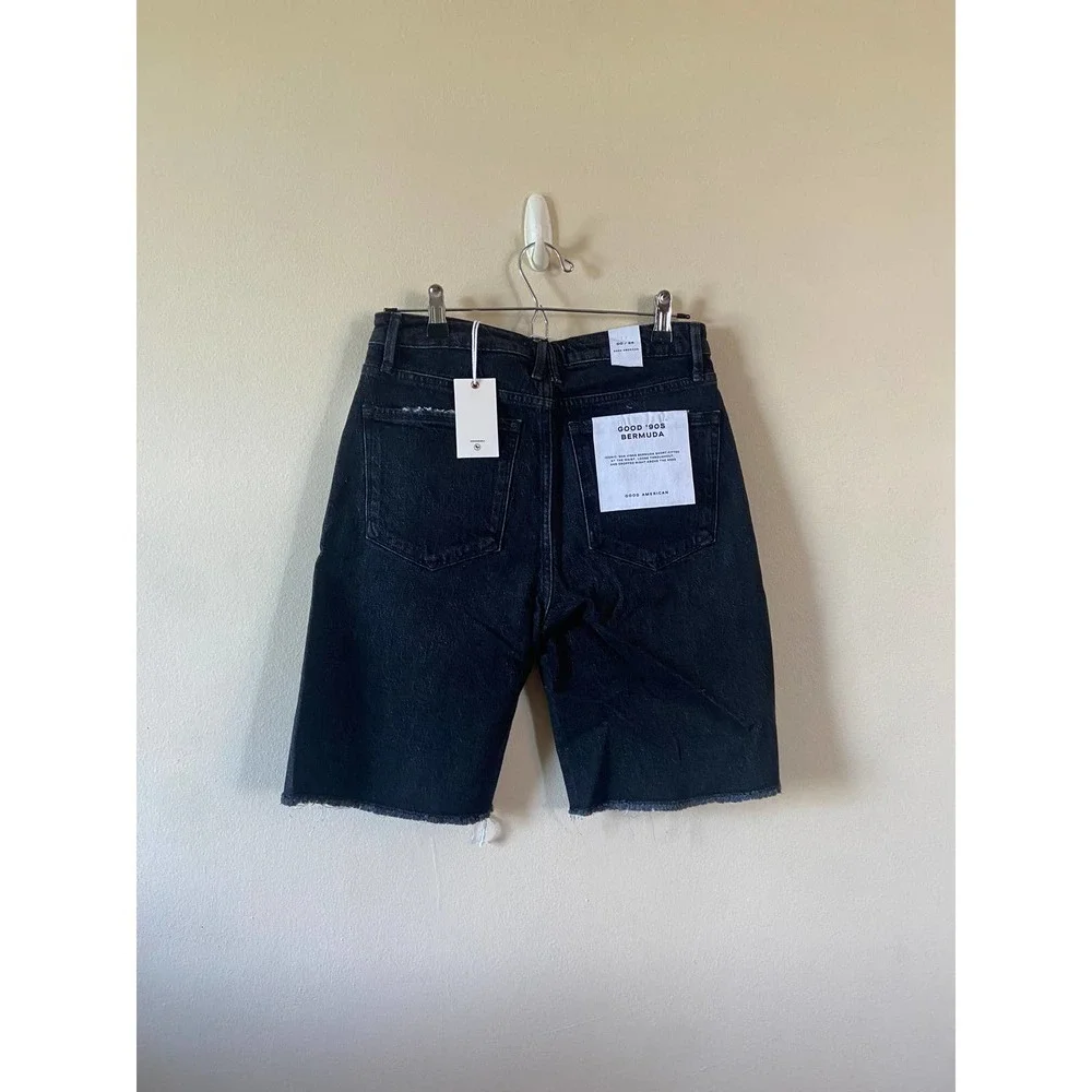 Black Denim Bermuda Shorts High Rise Raw Hem Good American Good 90s 00 24 New